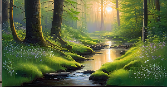 A peaceful forest at dawn with sunlight filtering through the trees and a small stream reflecting the sunrise.