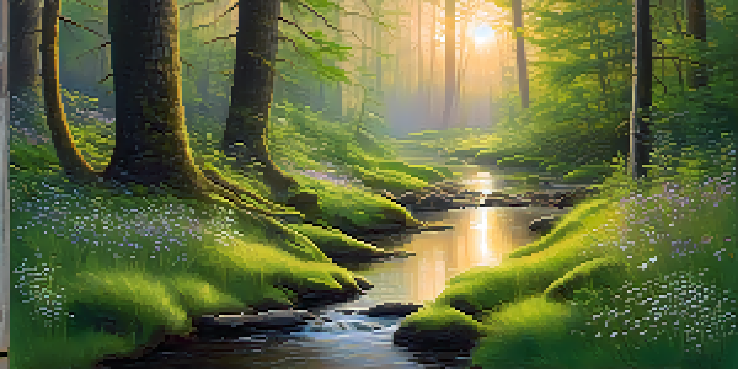 A peaceful forest at dawn with sunlight filtering through the trees and a small stream reflecting the sunrise.