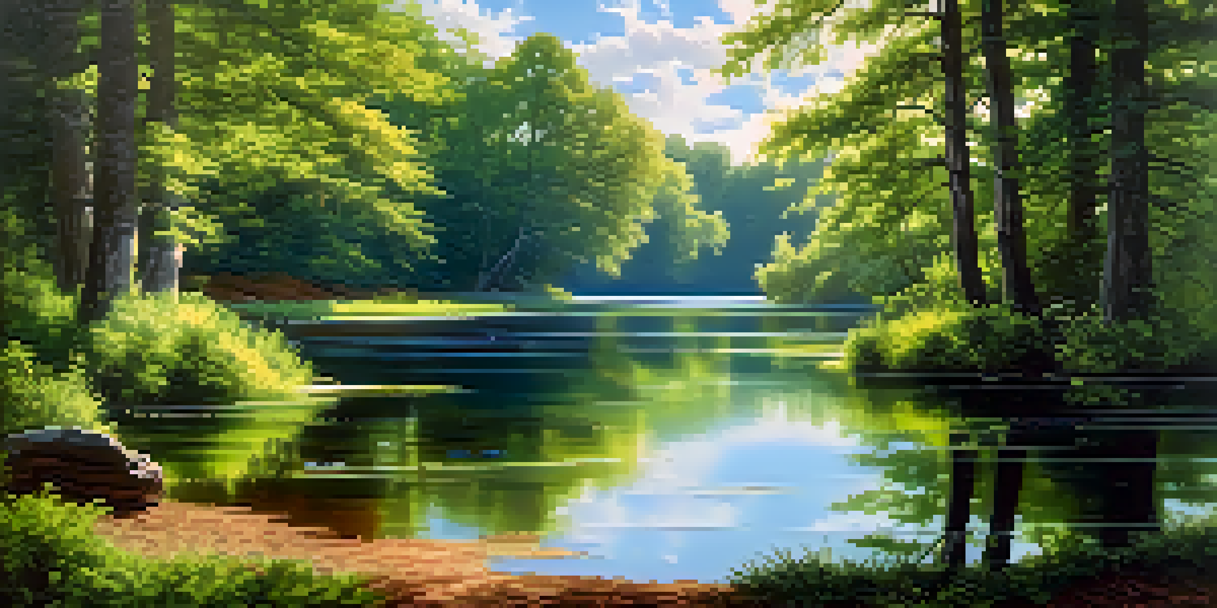 A peaceful lake surrounded by green trees under a clear sky.