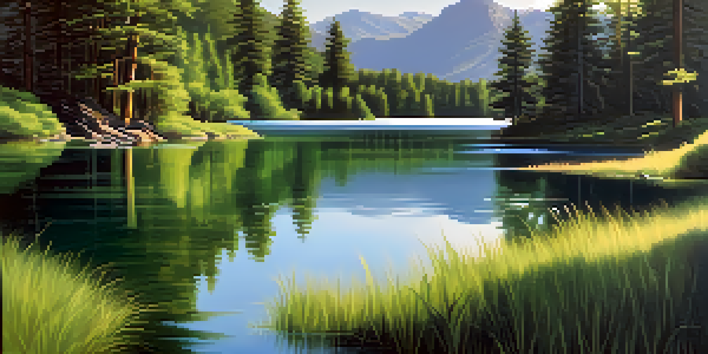 A peaceful lake scene with mountains and trees, illuminated by soft sunlight.