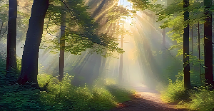 A peaceful forest path at dawn with golden sunlight breaking through the mist, illuminating the greenery.