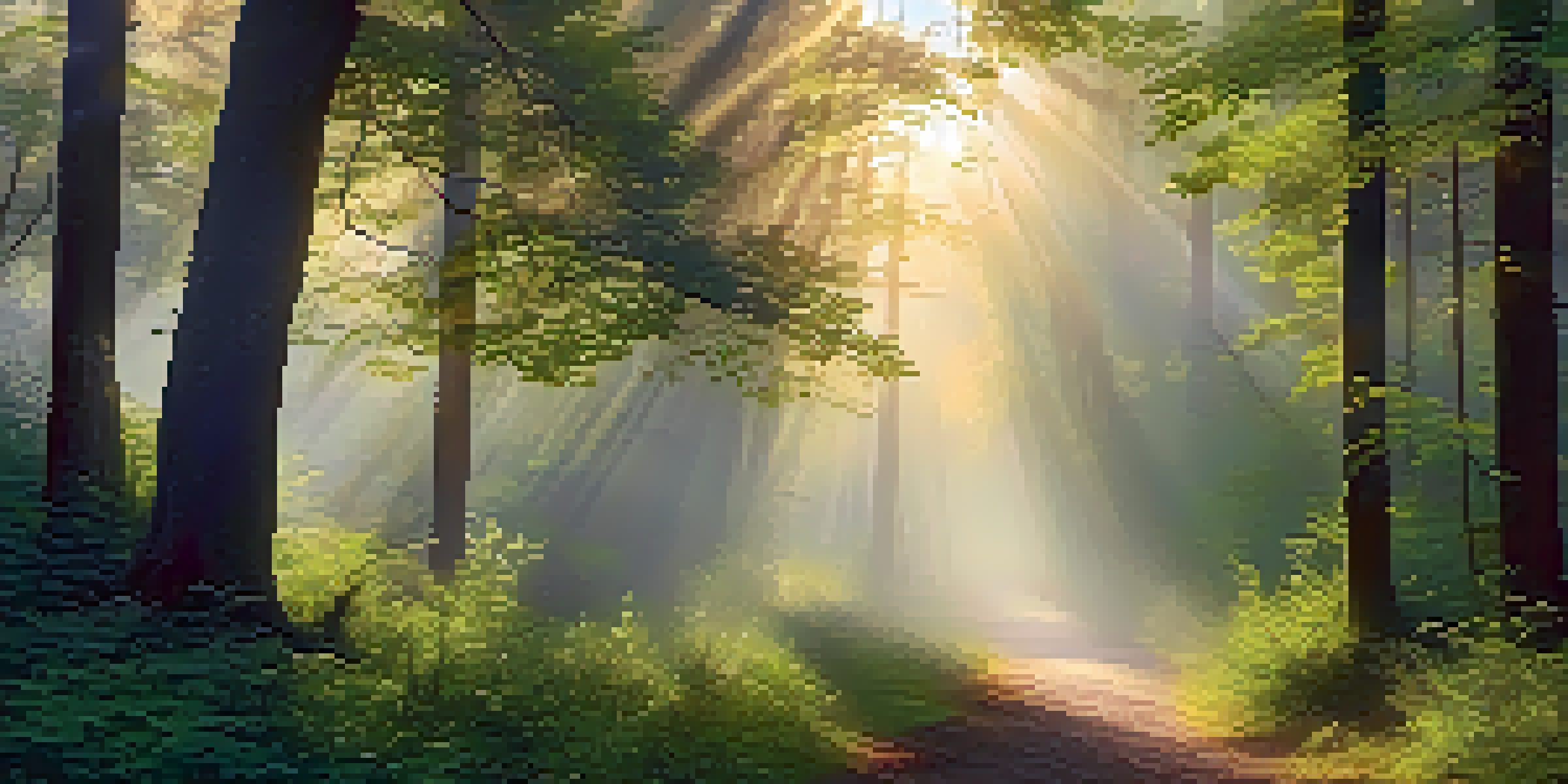 A peaceful forest path at dawn with golden sunlight breaking through the mist, illuminating the greenery.