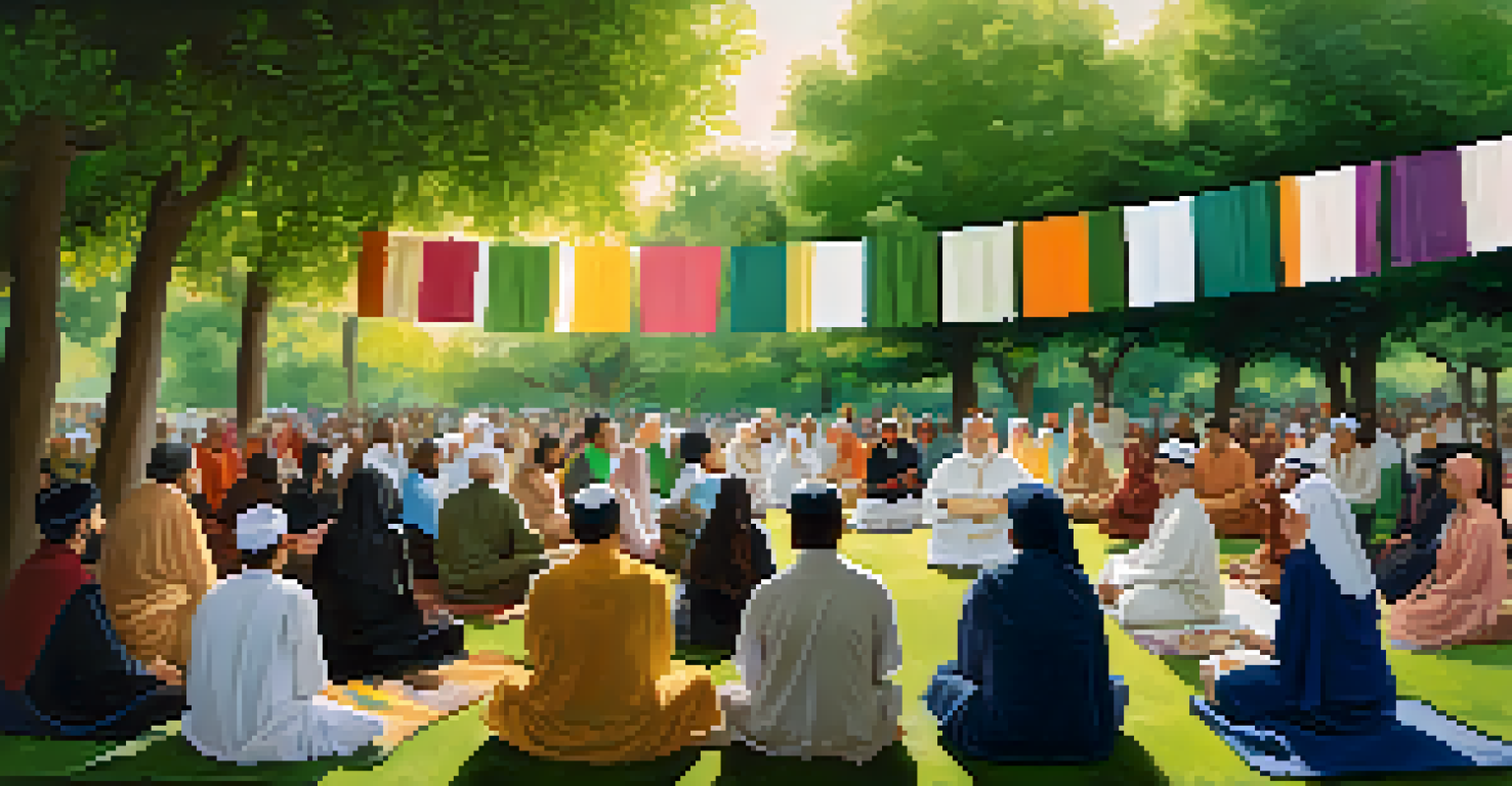 An interfaith gathering in a park with people sharing stories, surrounded by colorful banners and greenery.