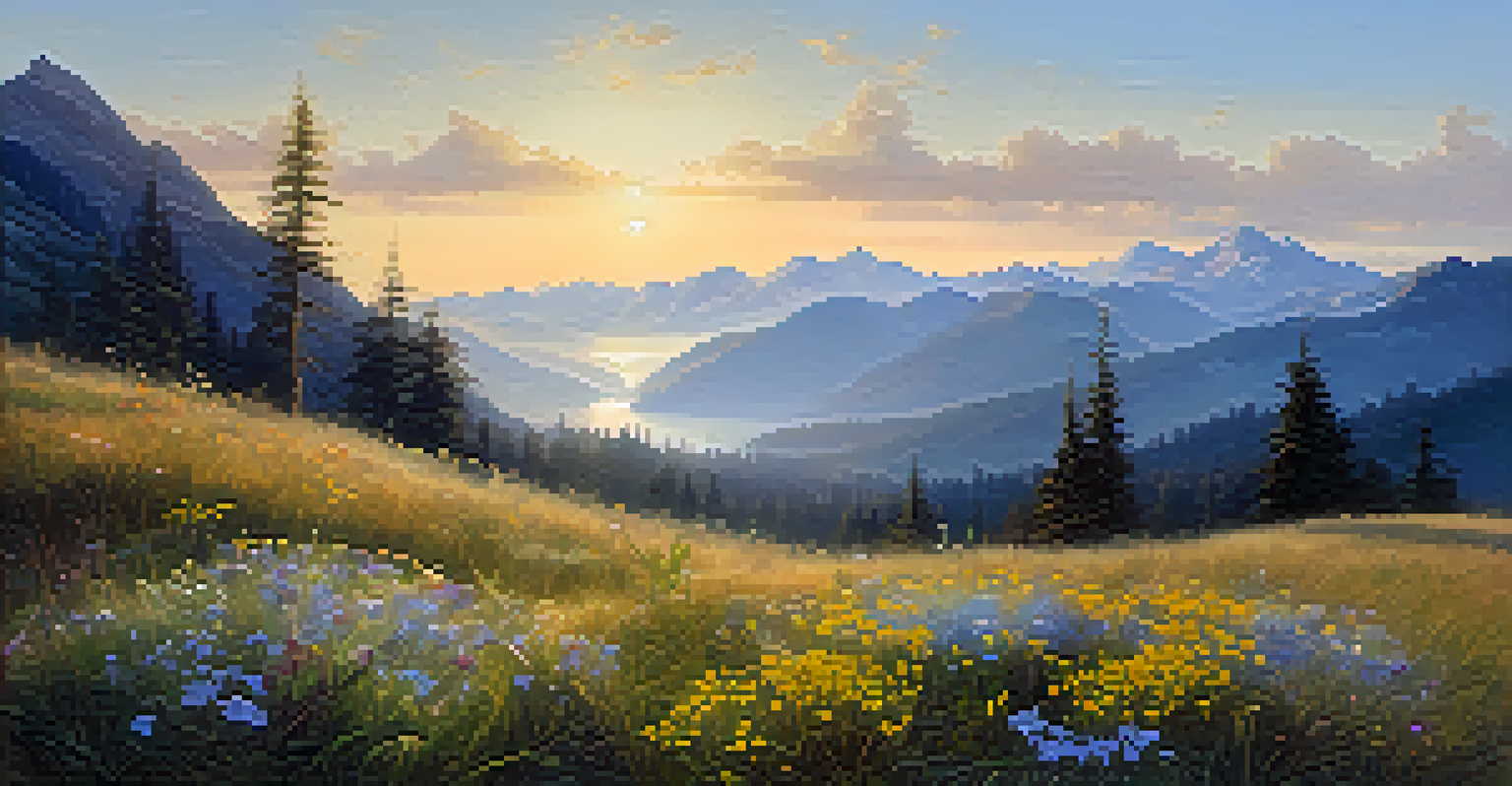 A peaceful mountain landscape at dawn, featuring misty valleys and blooming wildflowers illuminated by soft golden light.