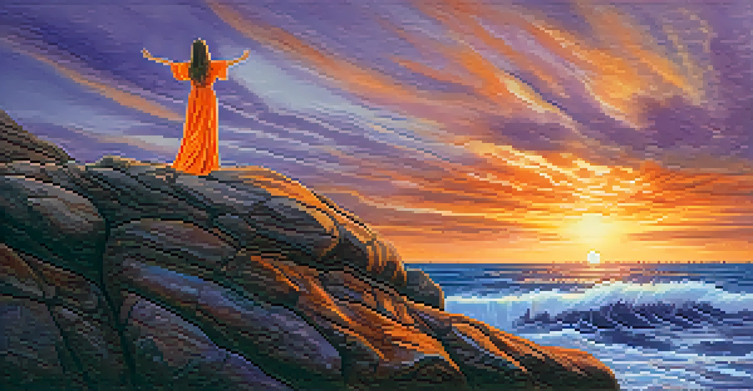 A woman standing on a cliff during sunset, arms outstretched towards the sky, symbolizing personal growth and spiritual awakening.