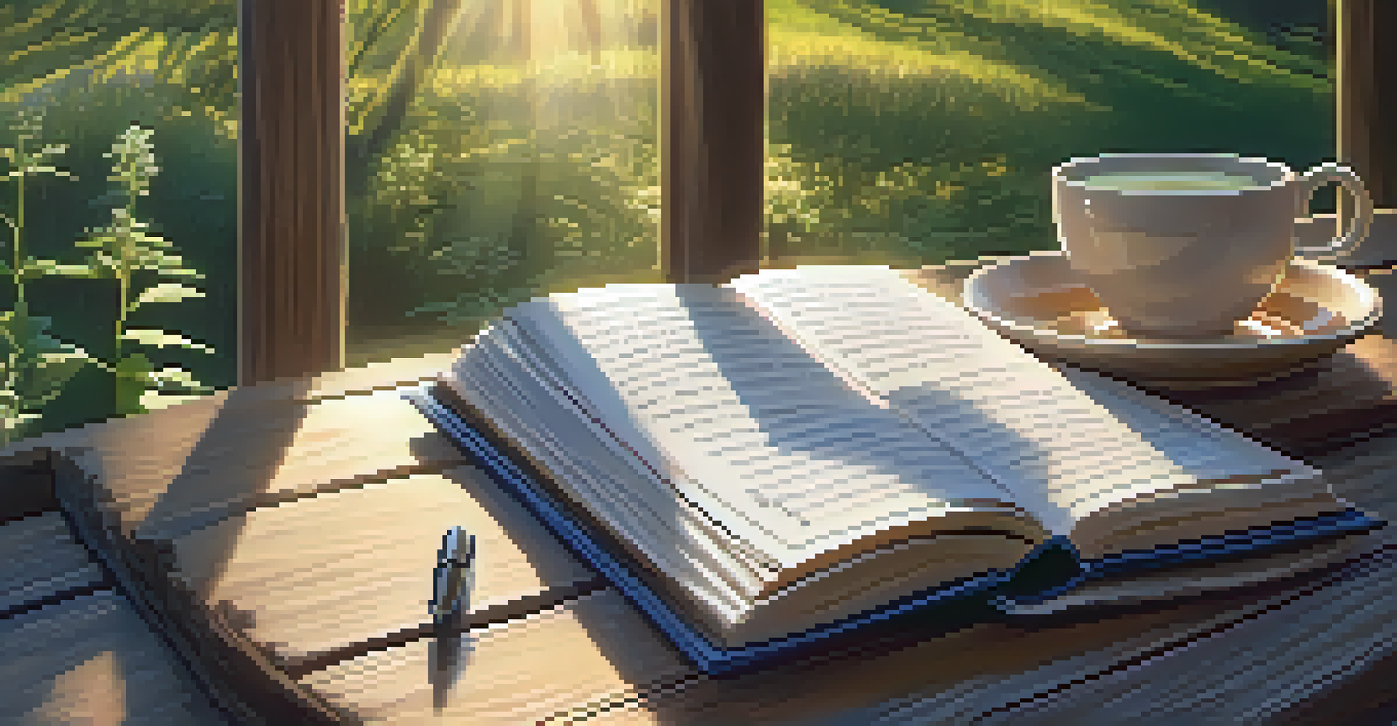 An open journal with handwritten notes and a steaming cup of tea on a wooden table surrounded by nature.