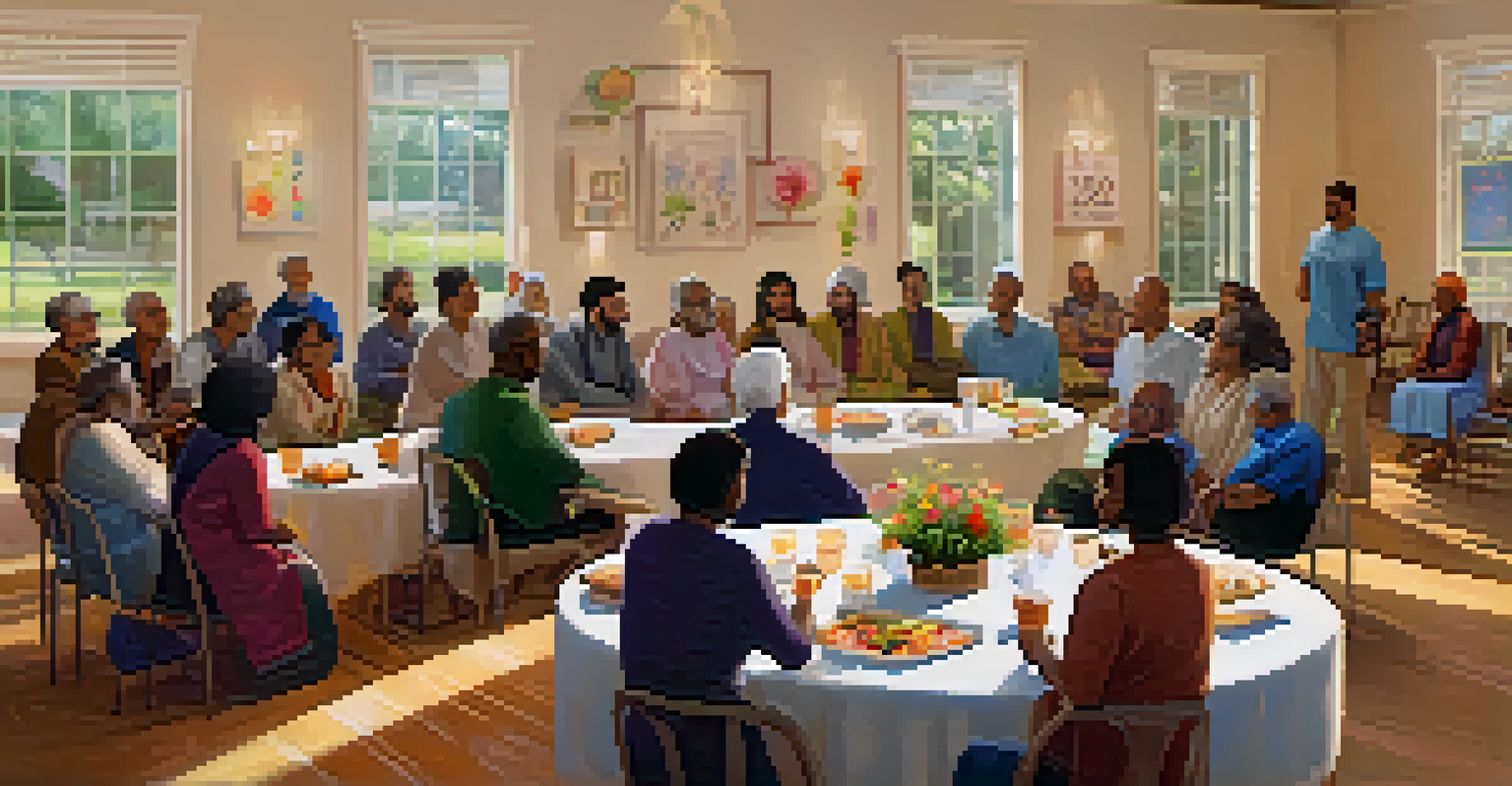 A diverse group of individuals engaged in an interfaith dialogue event in a cozy community center, with a circular arrangement of chairs and a table of refreshments in the background.