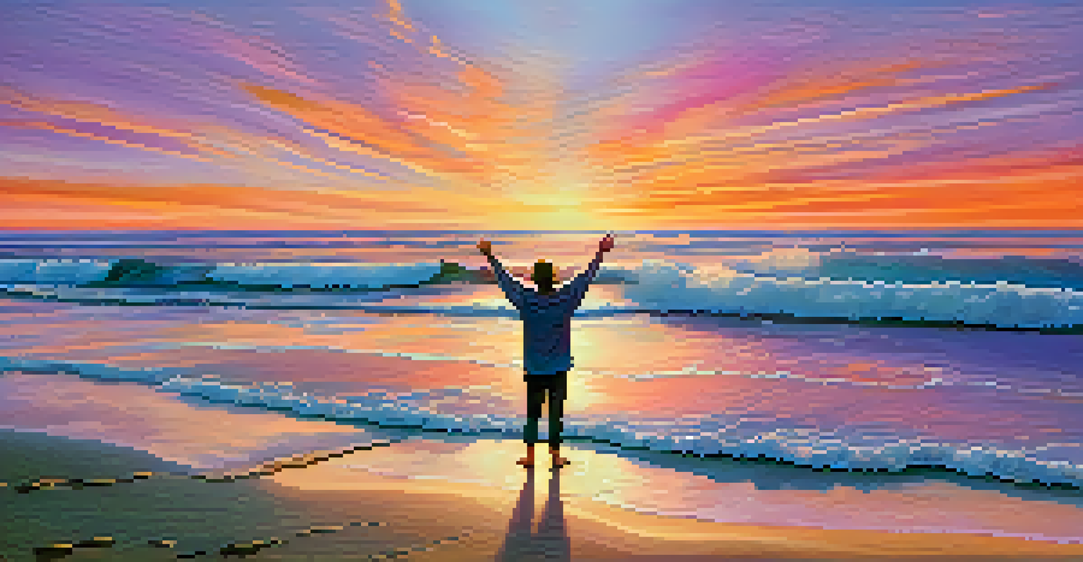 An individual practicing mindfulness on a beach at sunset with colorful skies and gentle waves.