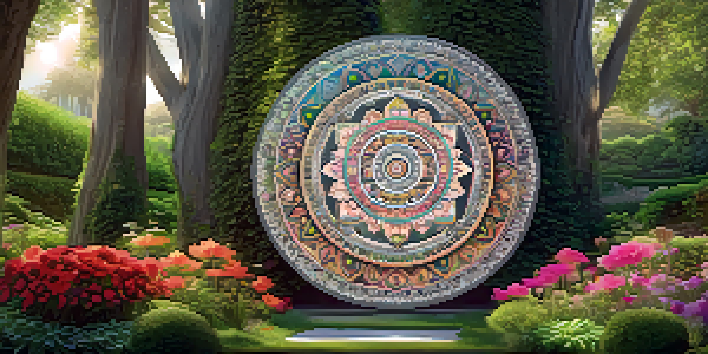 A peaceful scene with a large mandala surrounded by green plants and flowers, illuminated by soft sunlight.