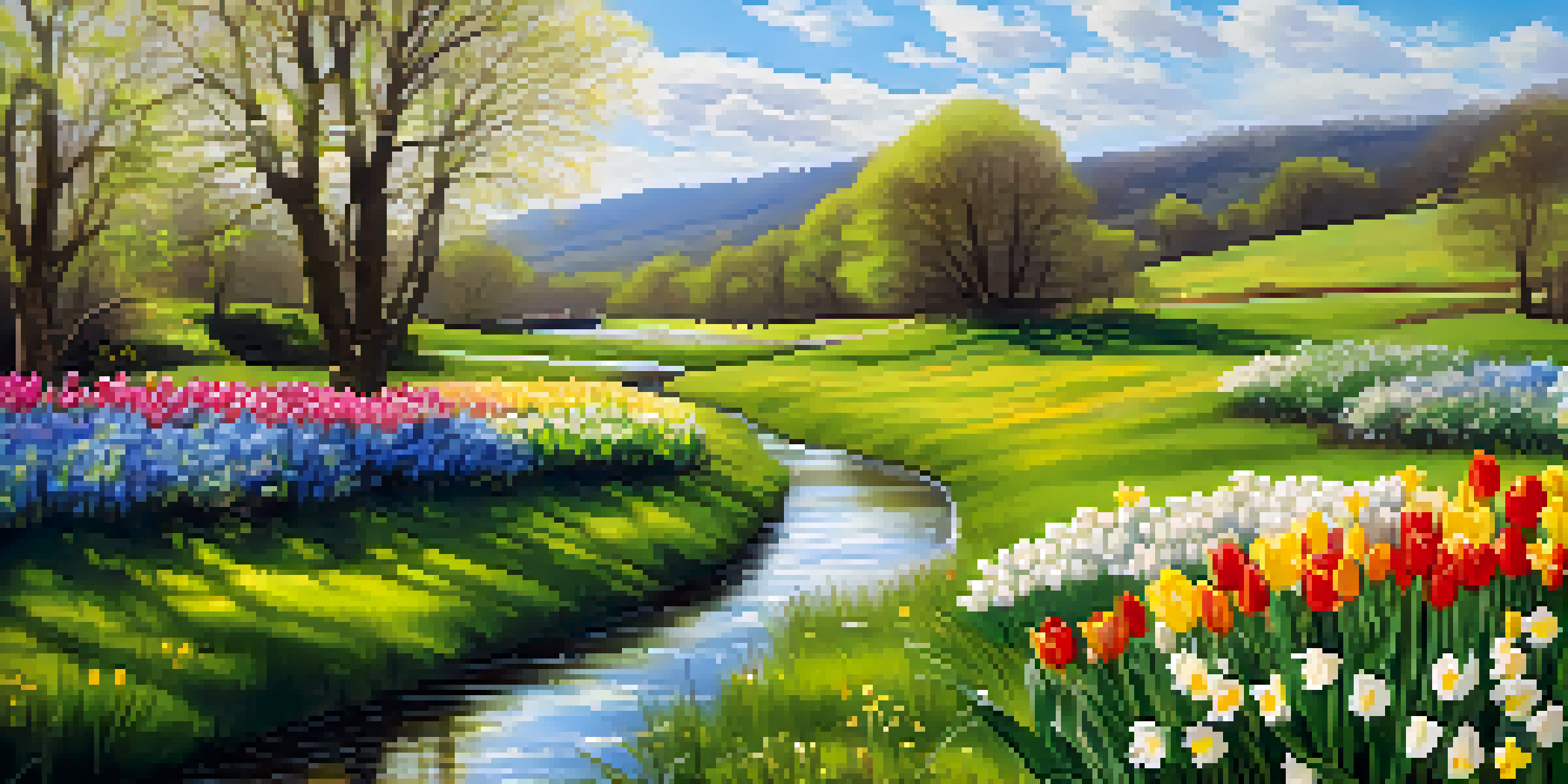 A colorful spring meadow with blooming flowers and a stream under a blue sky.