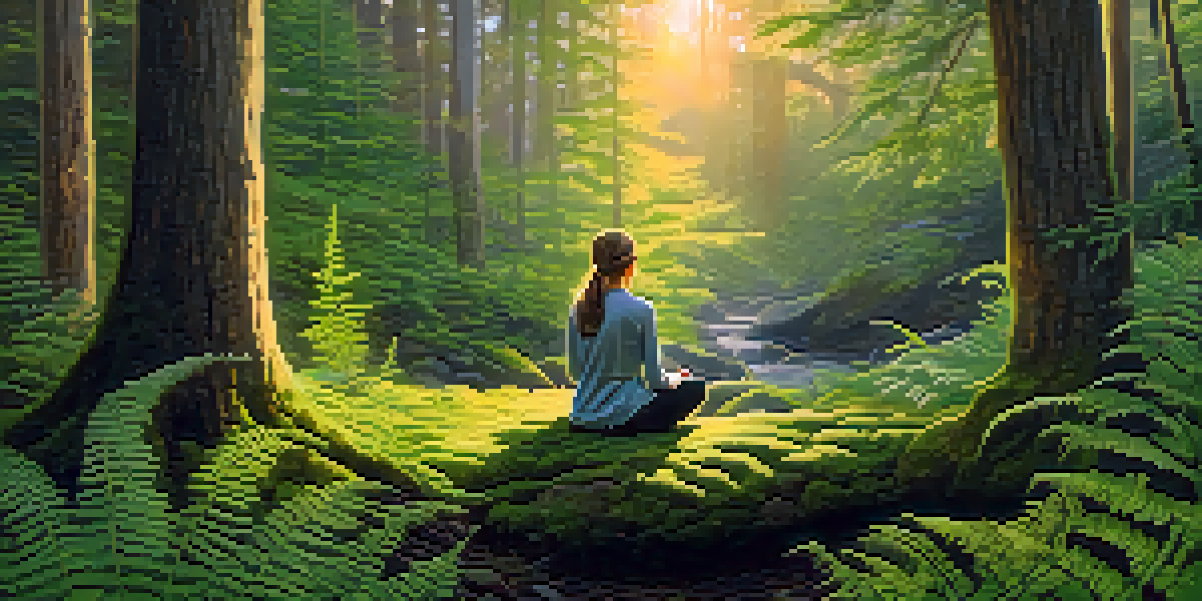 A person meditating in a serene forest during golden hour, surrounded by greenery and sunlight filtering through the trees.