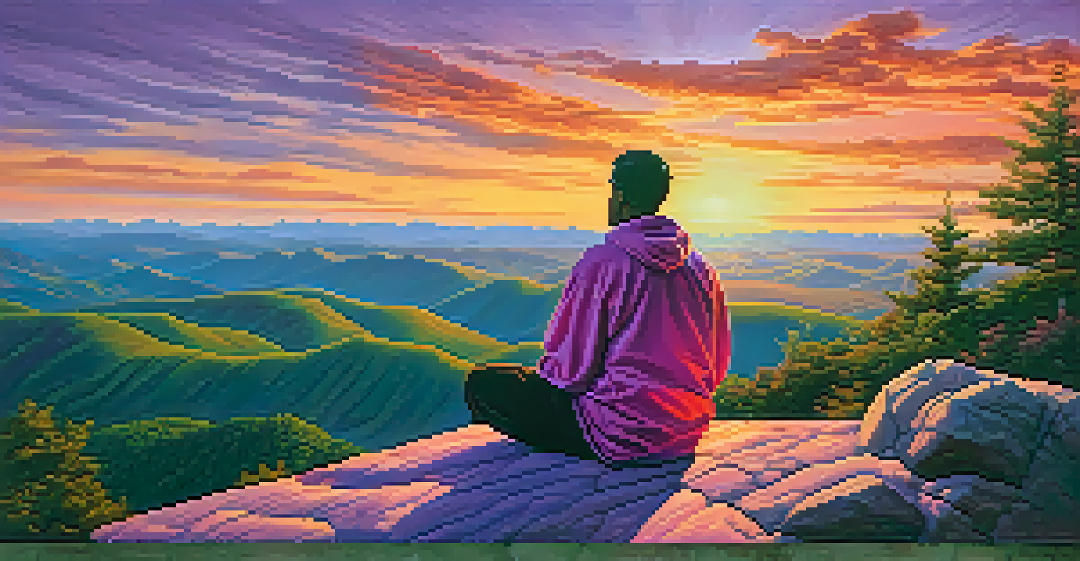 A person meditating on a mountaintop during a colorful sunset.
