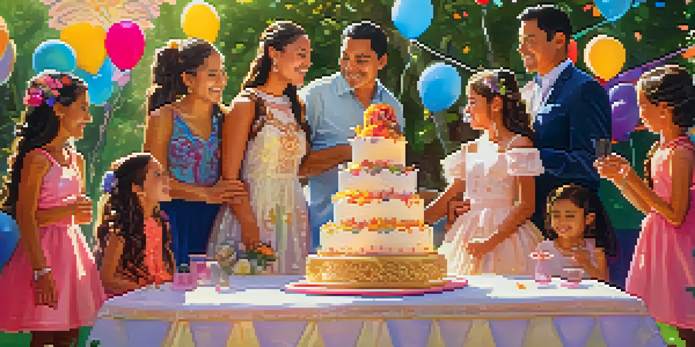 A young girl in a traditional dress surrounded by family and friends at a colorful quinceañera celebration with decorations and a cake.