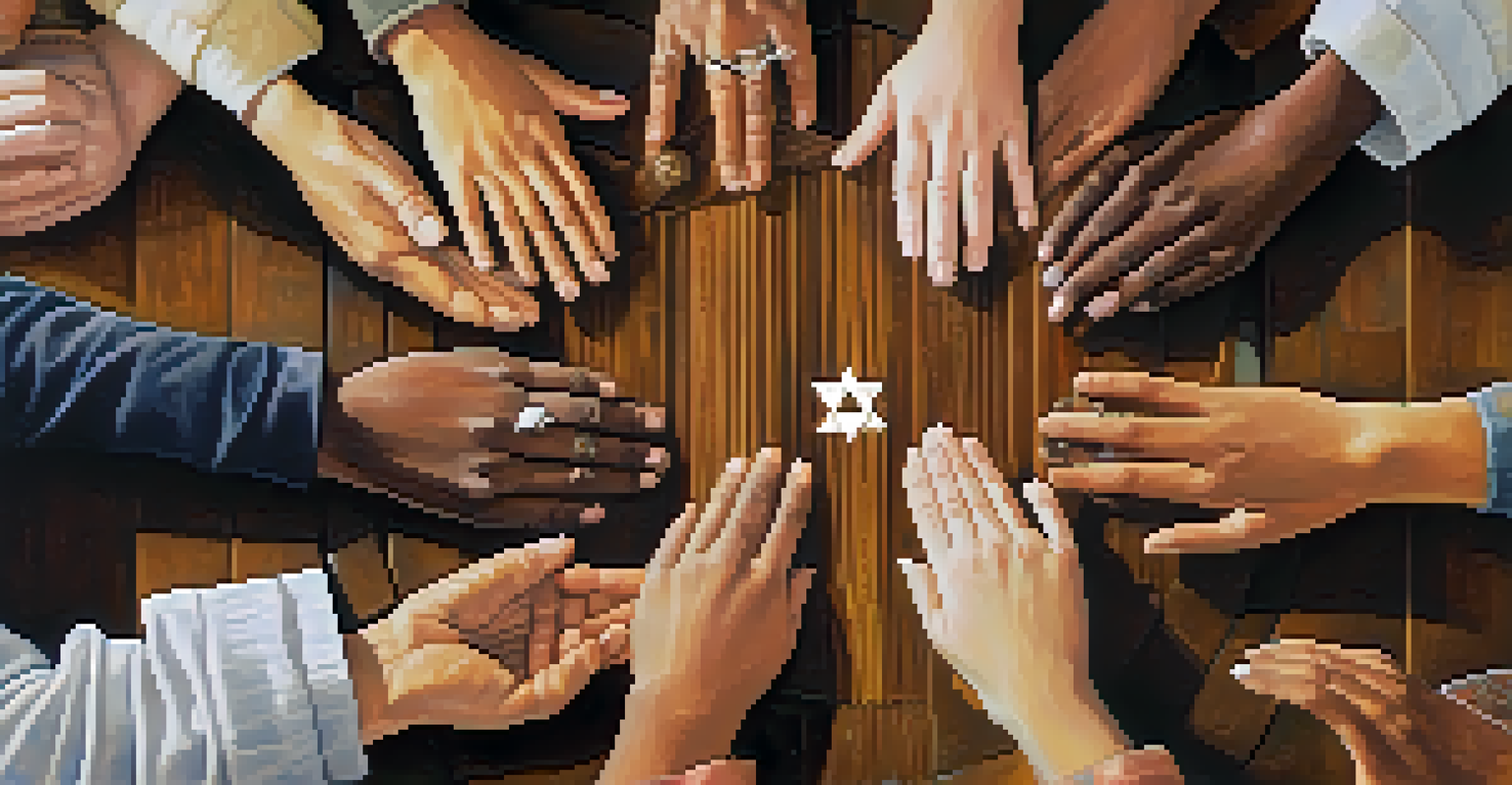 A circle of diverse hands holding symbols of different faiths on a wooden table.