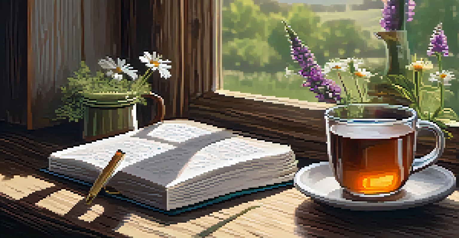 A gratitude journal on a wooden table with handwritten notes, a cup of tea, and a vase of flowers, illuminated by sunlight.
