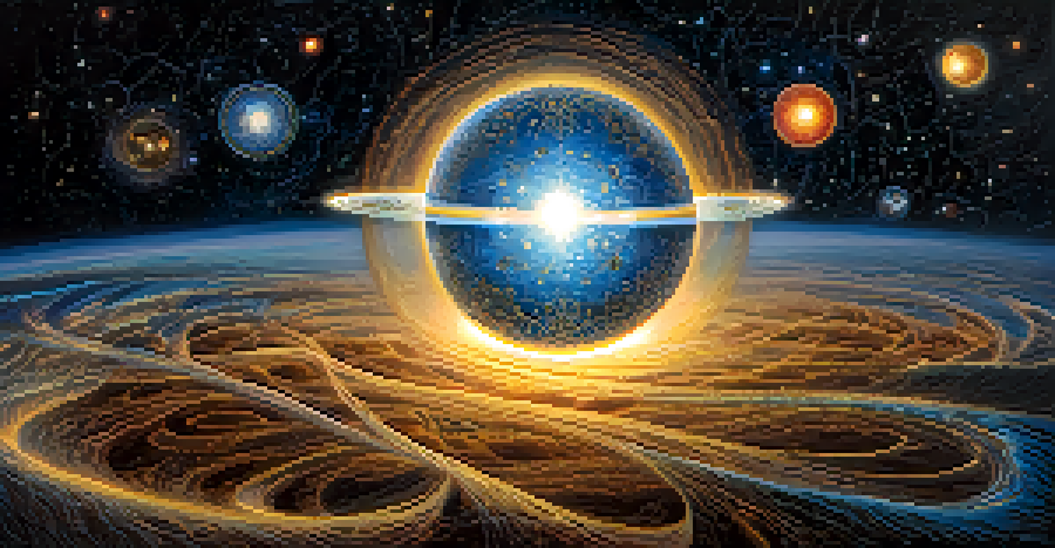 A radiant orb of light representing Ein Sof, surrounded by galaxies and cosmic elements, illustrating the boundlessness of the universe.