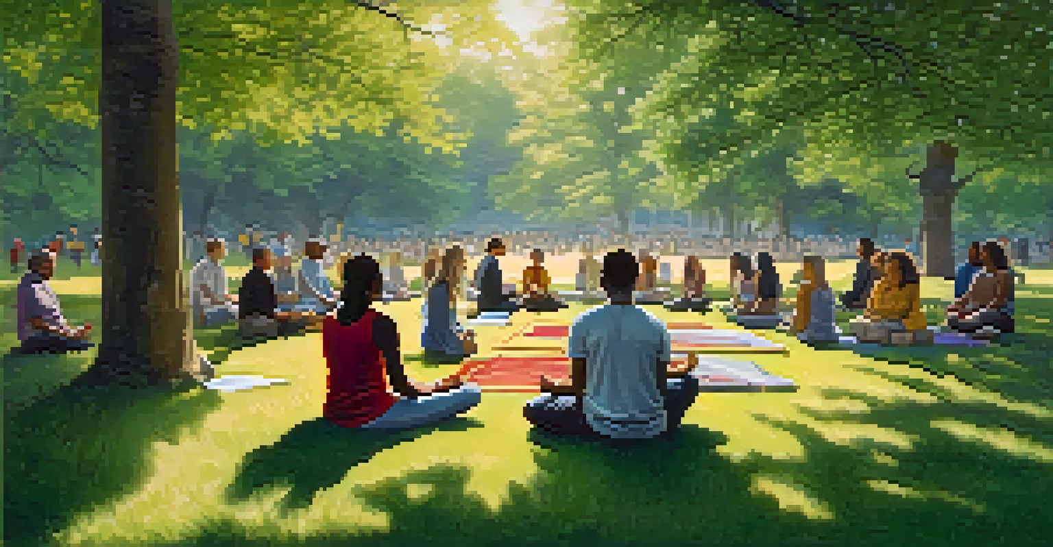 A diverse group of individuals meditating together in a park, surrounded by trees and wildflowers, with soft sunlight filtering through the leaves.