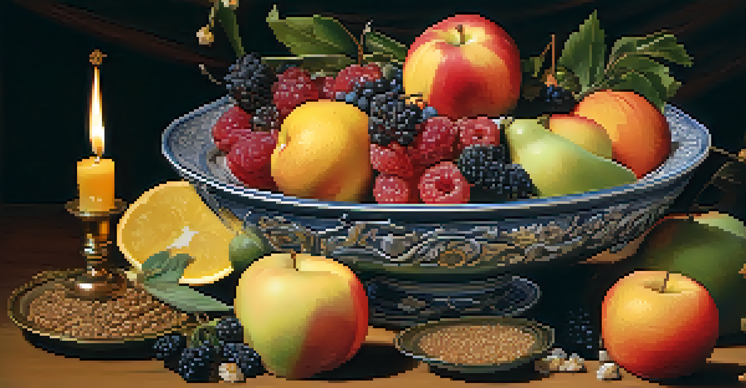 A still life of a bowl overflowing with fruits and grains, surrounded by candles and flowers, set in a warmly lit environment.
