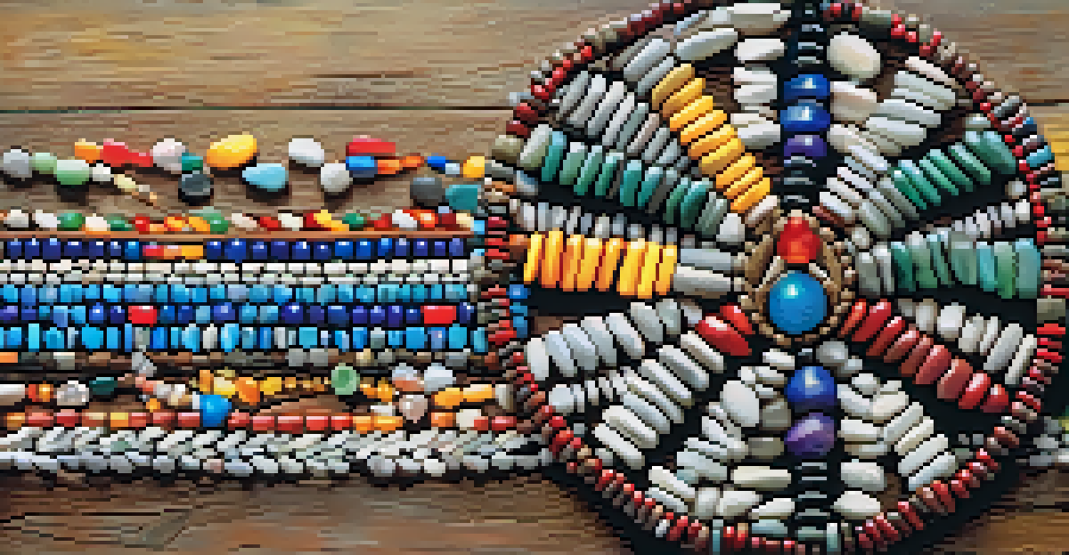 A close-up view of a Native American medicine wheel made of stones and colorful beads on a wooden table, showcasing intricate details.