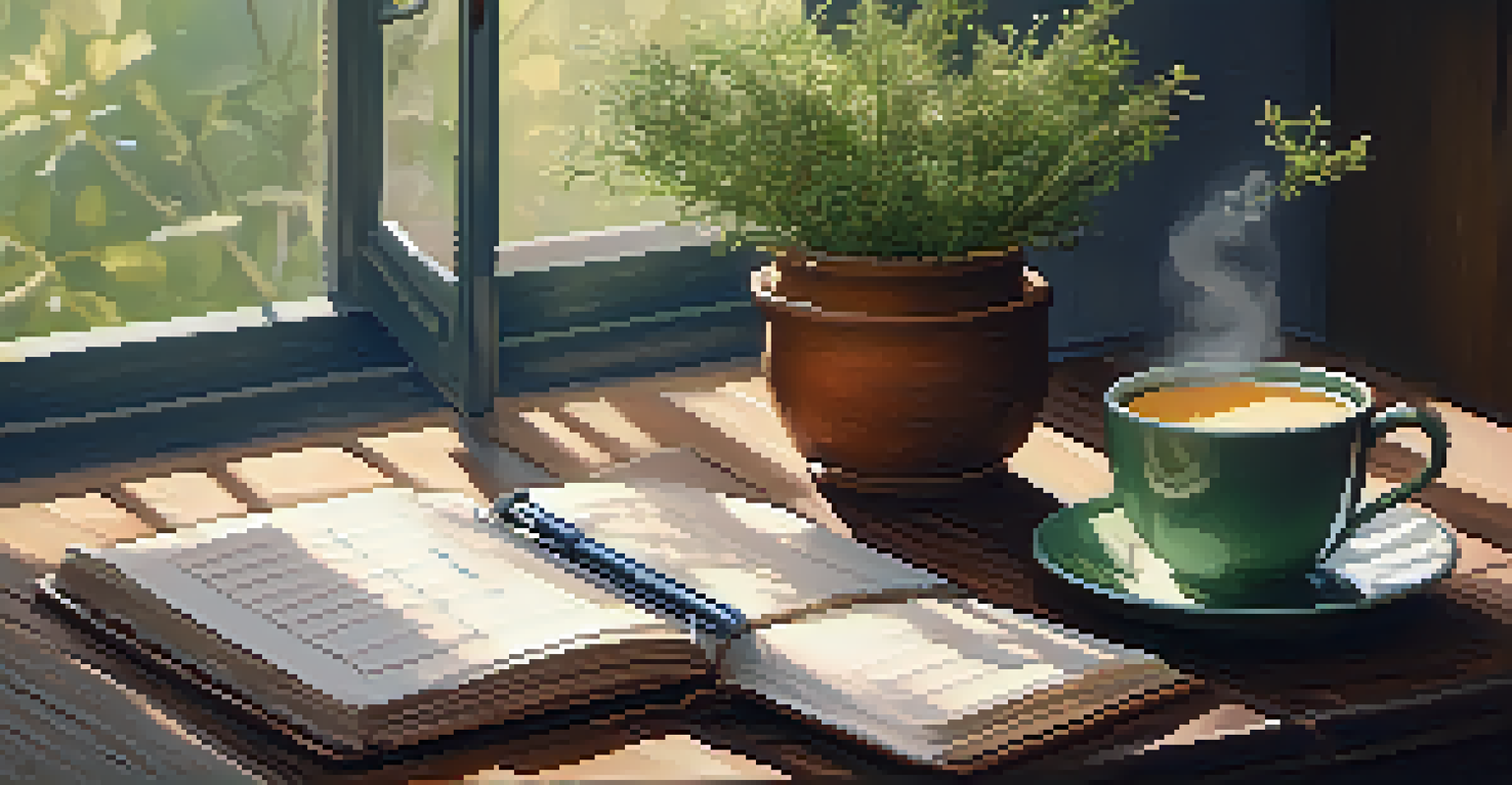 A warm indoor scene with a gratitude journal and a cup of tea on a table.