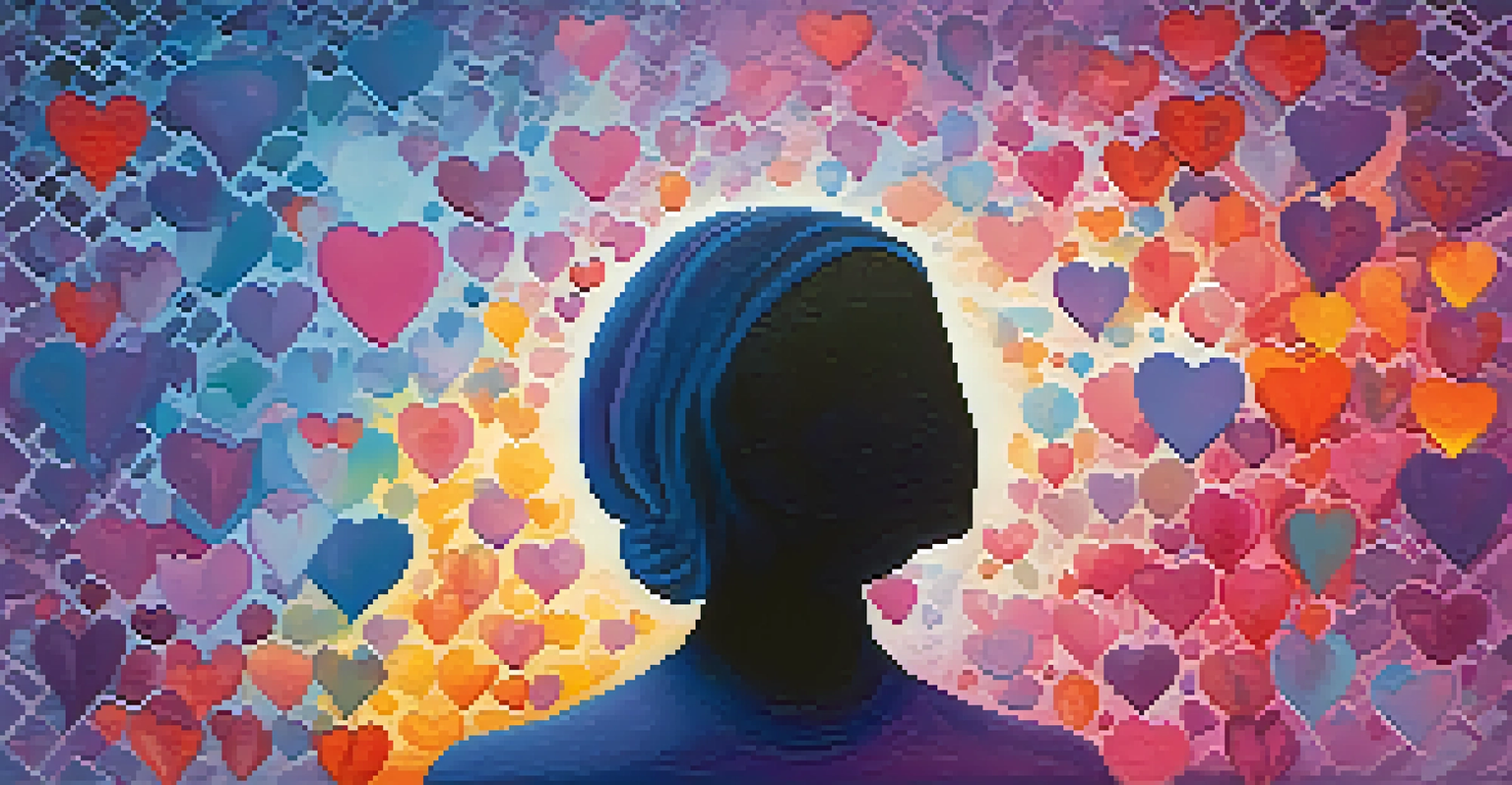 An abstract image of a silhouette surrounded by colorful hearts, representing empathy and connection.