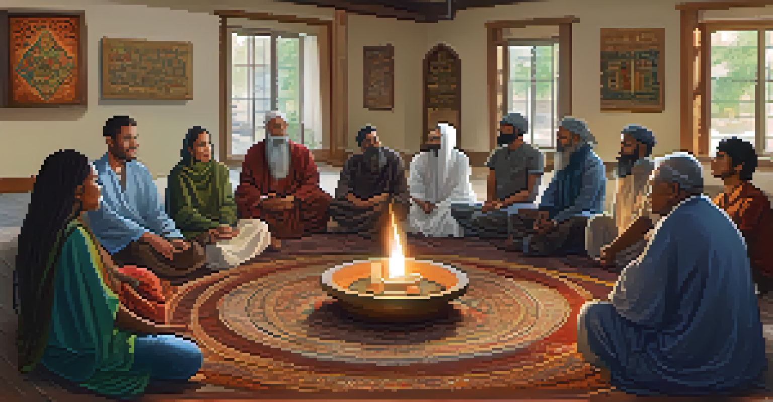 A diverse group of individuals engaged in an interfaith dialogue in a community center.