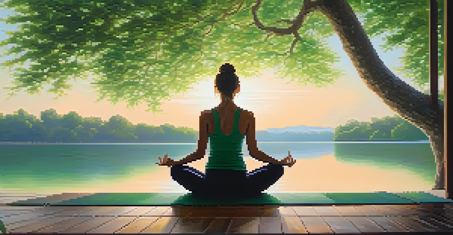 A person practicing yoga on a wooden deck, with a glowing heart chakra in a peaceful natural setting.