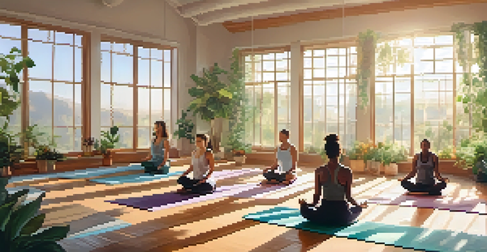 A diverse group of individuals practicing yoga in a bright, sunlit room with plants around them.