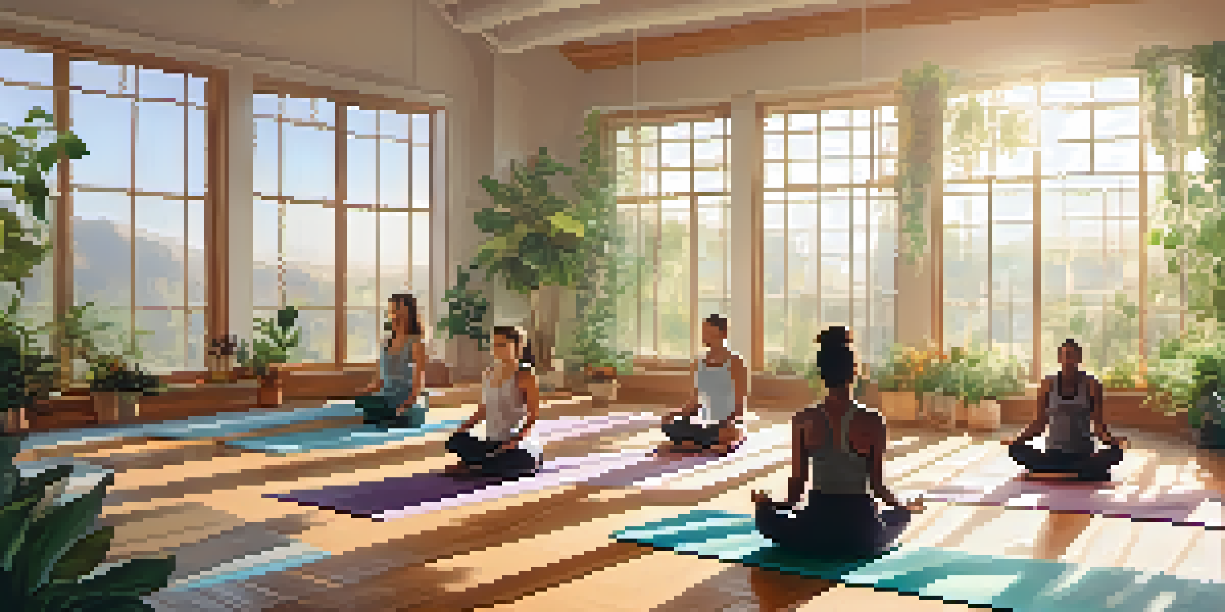 A diverse group of individuals practicing yoga in a bright, sunlit room with plants around them.
