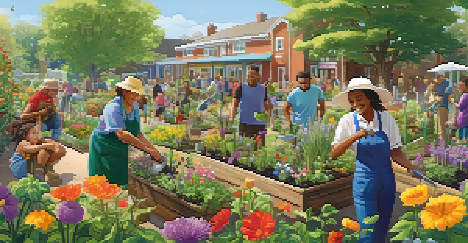 A diverse group of people working together in a colorful community garden.