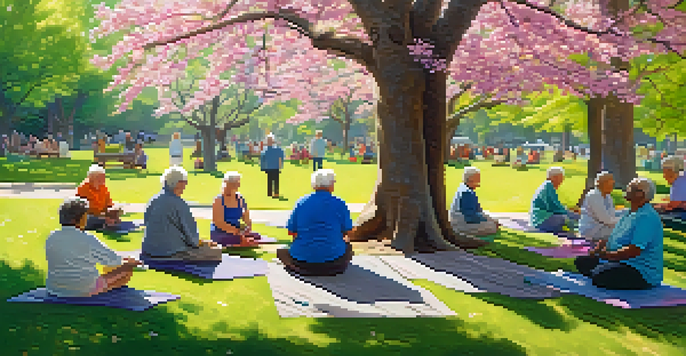 Seniors practicing yoga and sharing stories in a sunny park with blooming flowers.