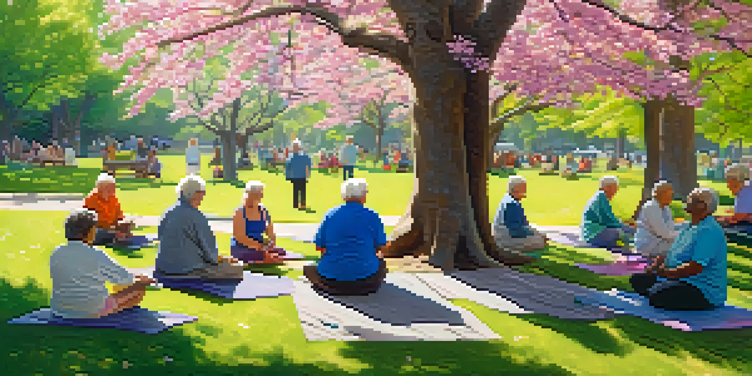 Seniors practicing yoga and sharing stories in a sunny park with blooming flowers.