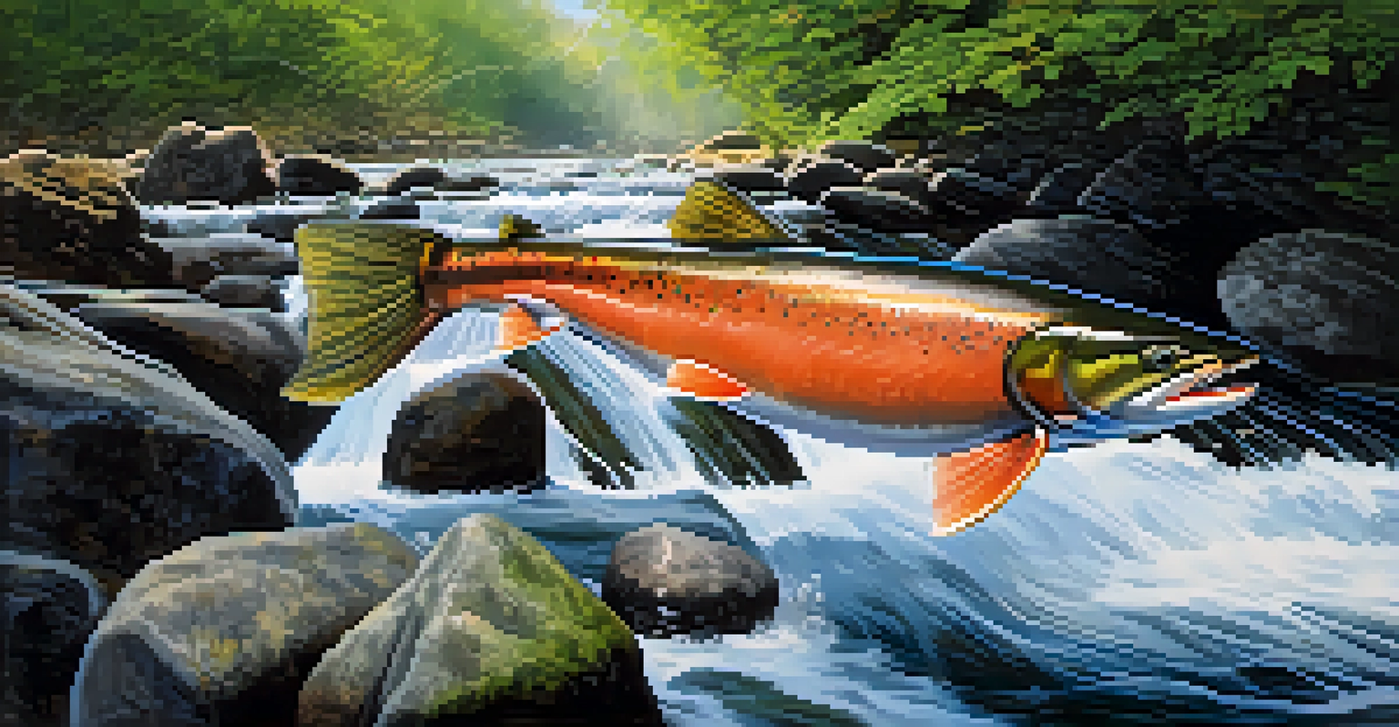 A salmon leaping out of a rushing river, splashing water around it, with smooth stones and greenery along the riverbank, illuminated by sunlight.