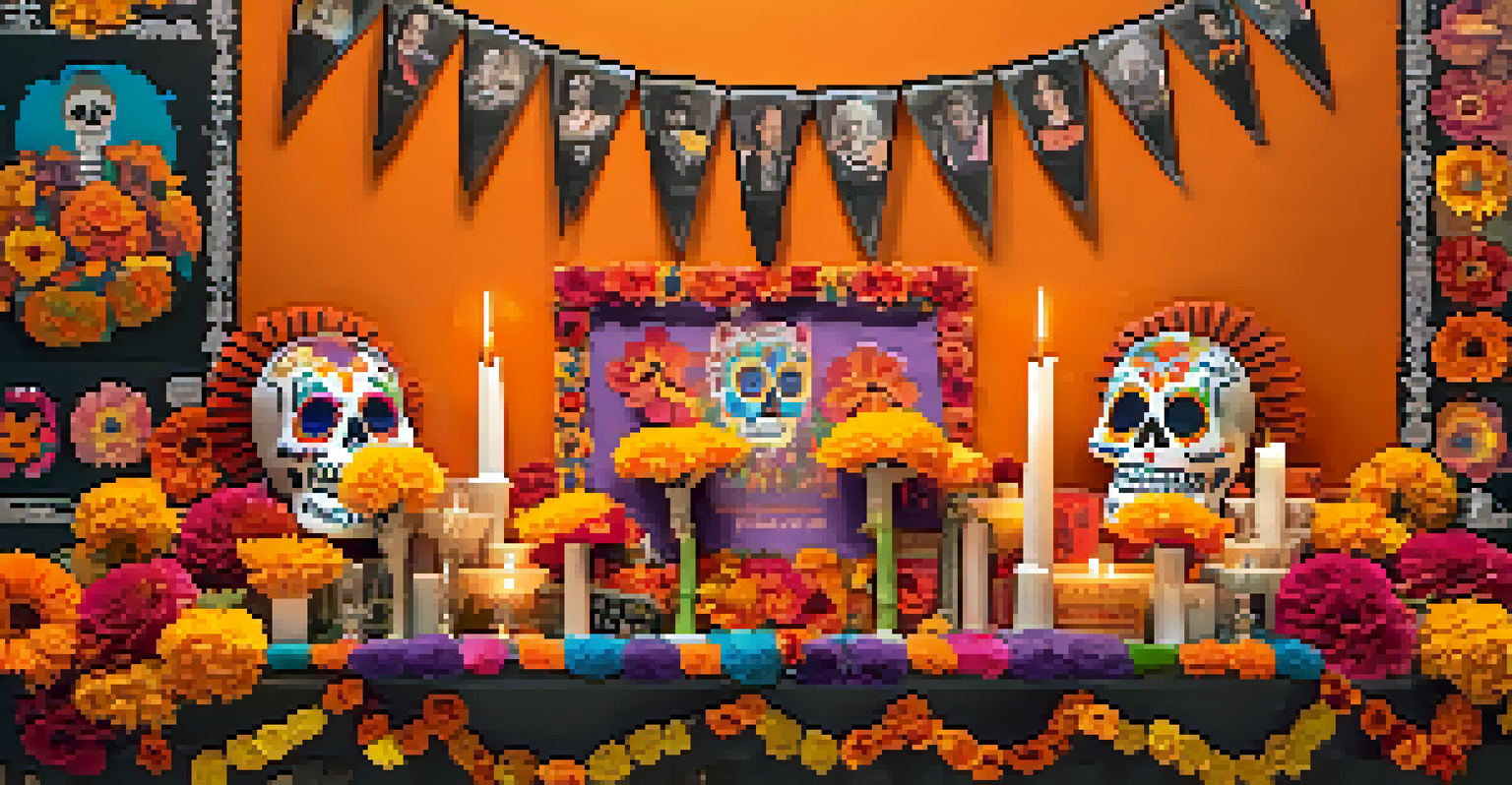 A vibrant Day of the Dead altar decorated with flowers, candles, and photos against a colorful backdrop.