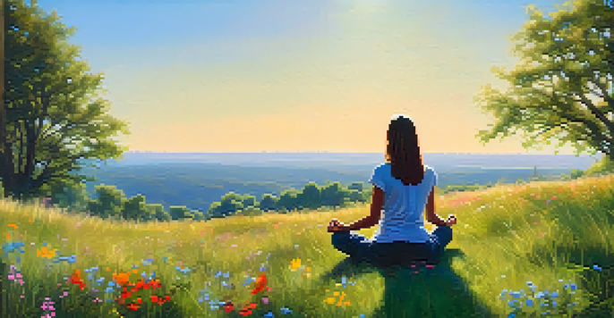 A person meditating on a grassy hill surrounded by wildflowers, with sunlight filtering through trees.