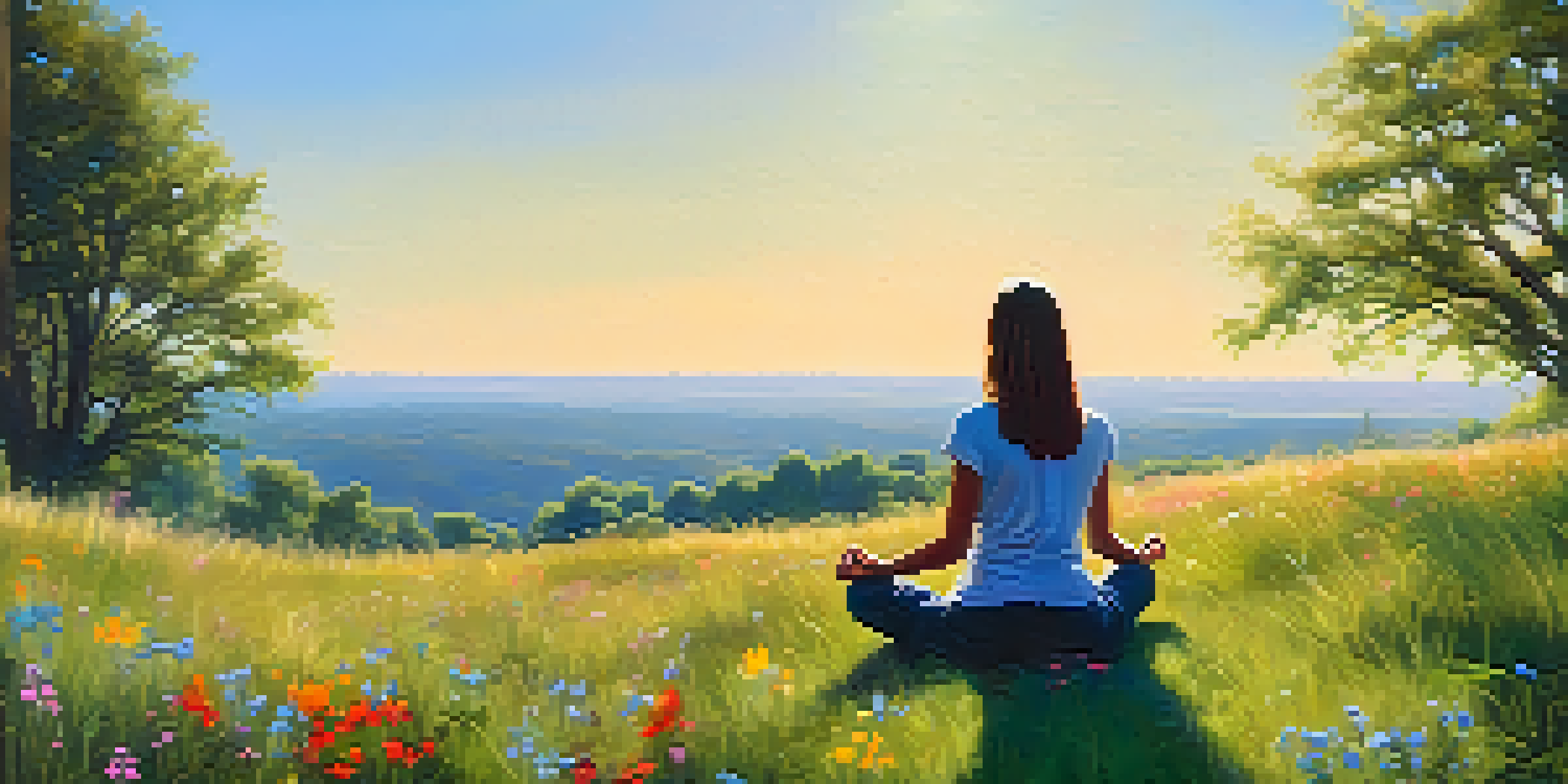 A person meditating on a grassy hill surrounded by wildflowers, with sunlight filtering through trees.