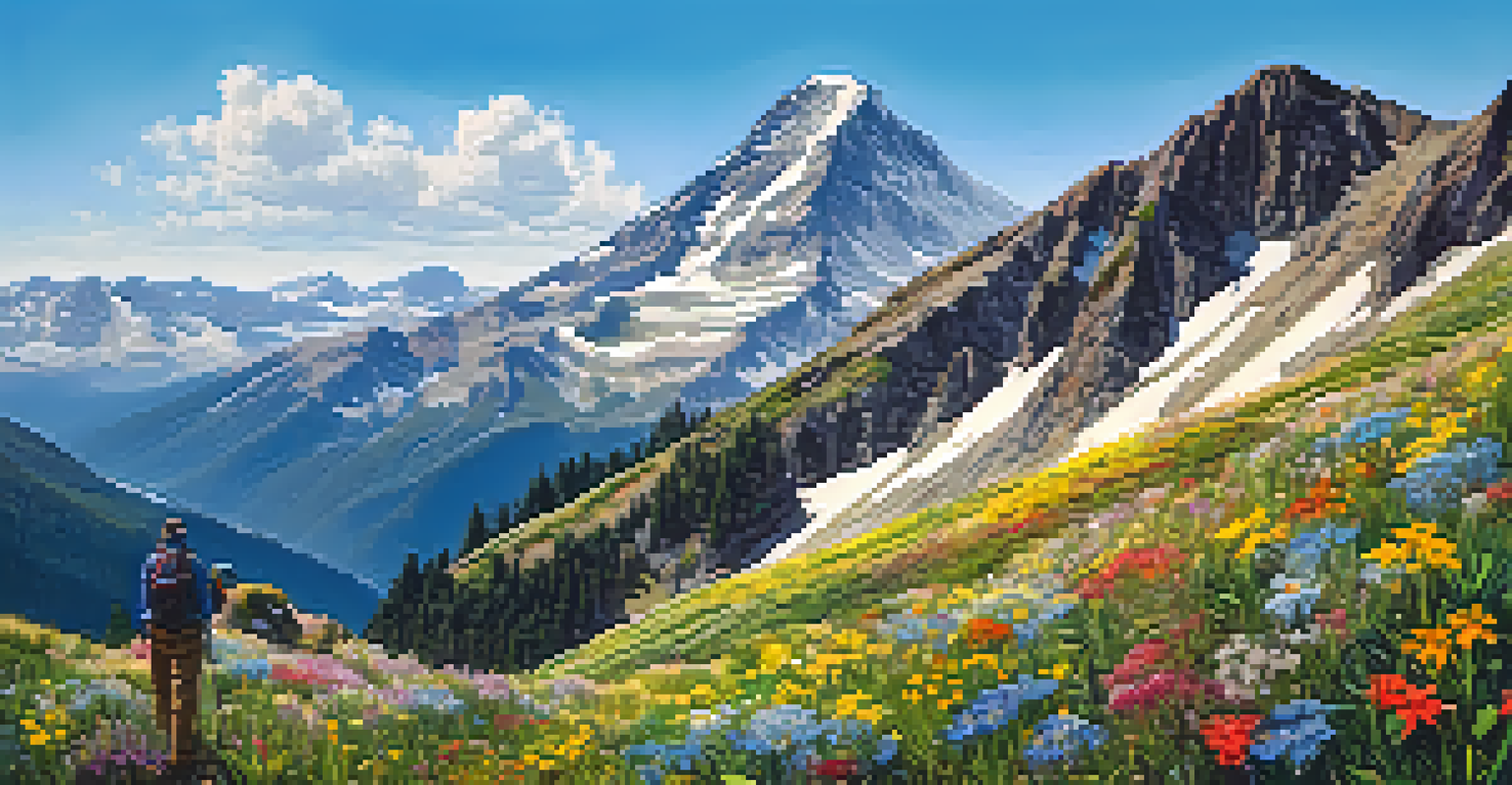 A hiker standing on a mountain peak, looking over a beautiful valley filled with wildflowers and a clear sky.