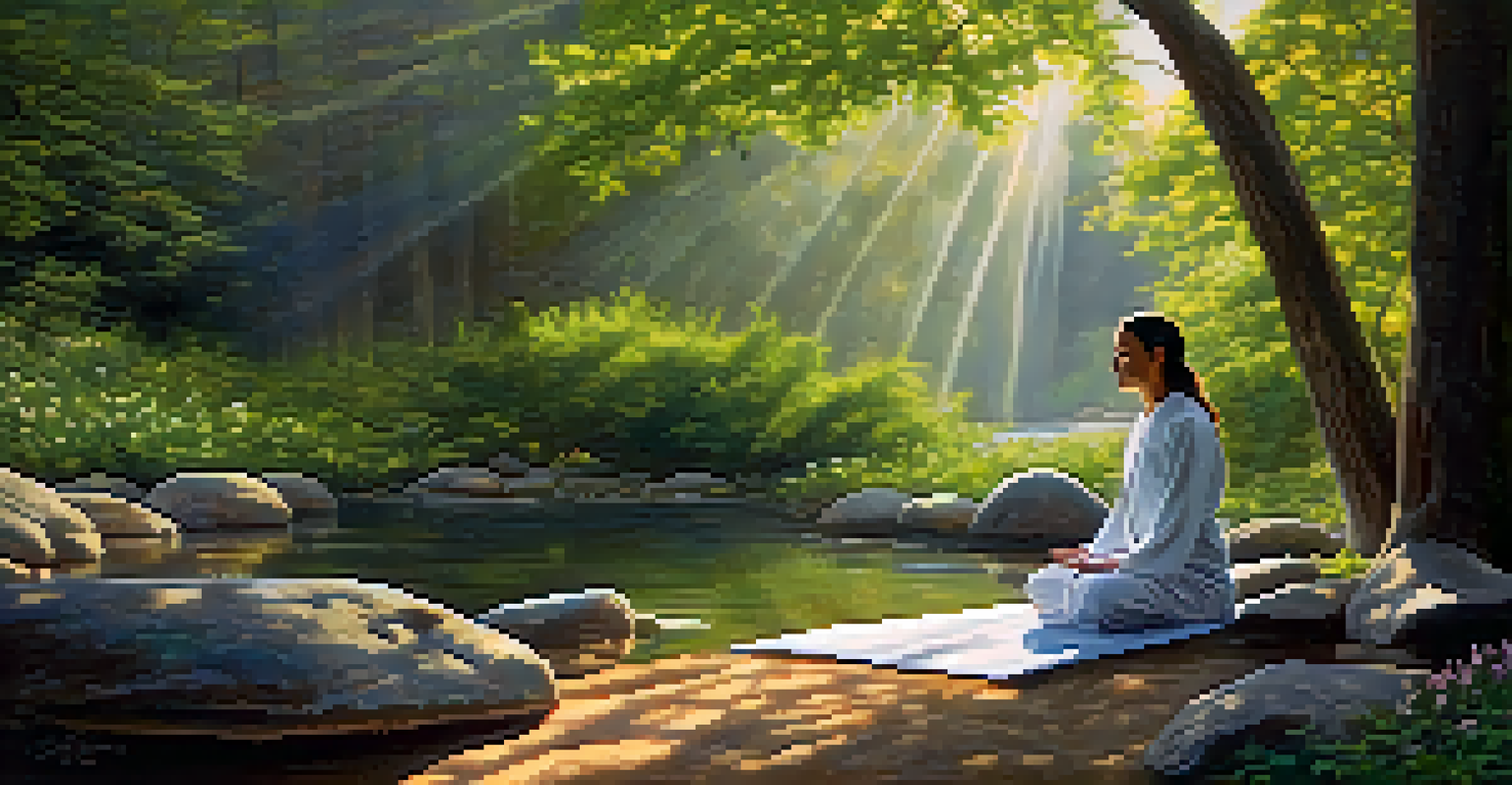 A person meditating peacefully in nature, with sunlight filtering through trees and colorful flowers nearby, representing inner compassion.