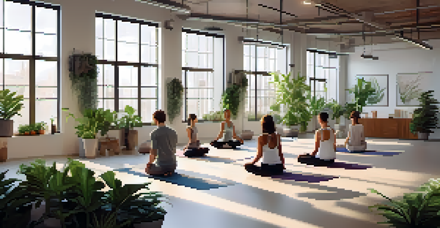 A peaceful office environment where employees are practicing yoga in a bright room filled with plants and cushions.