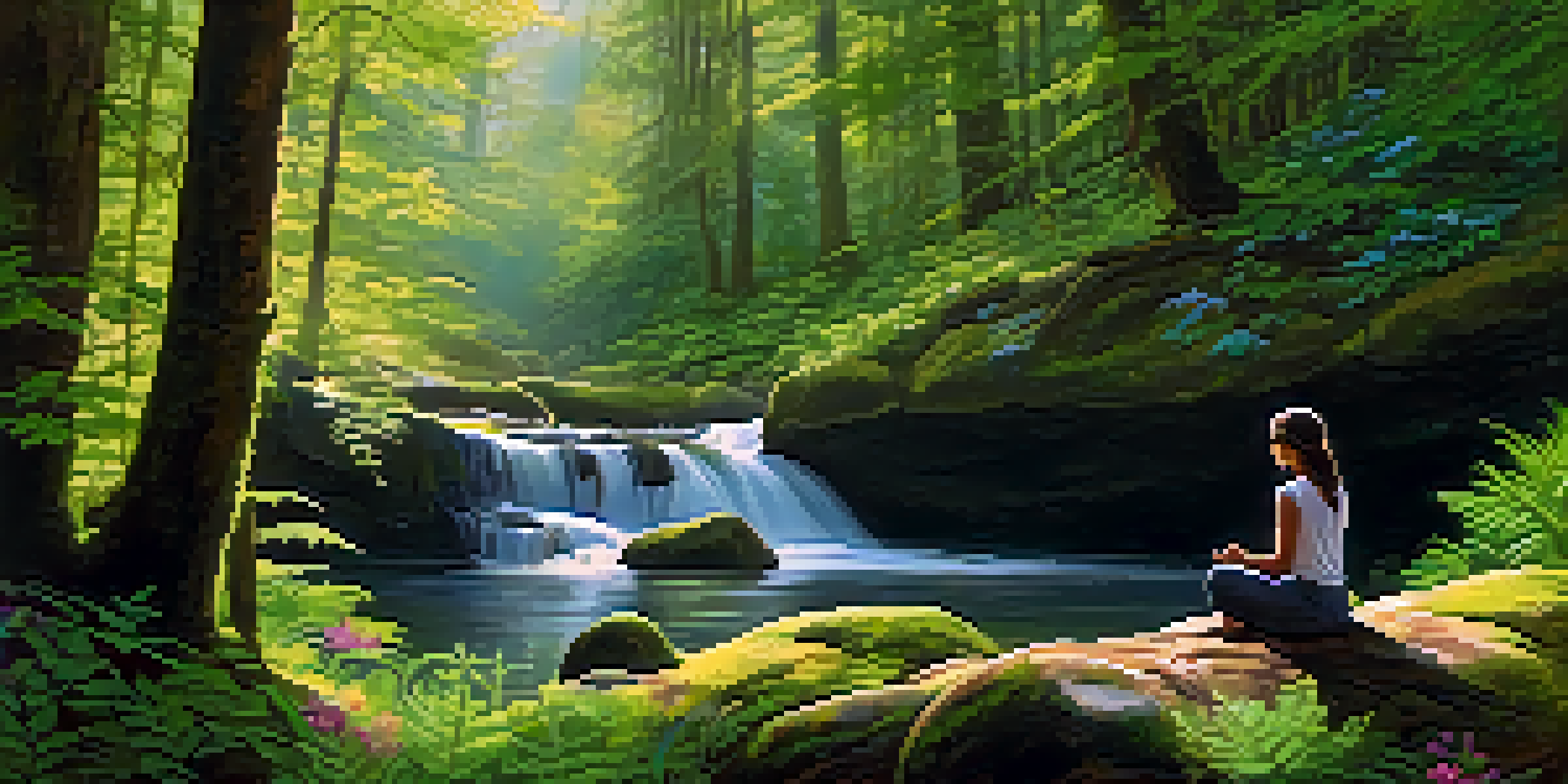 A person meditating in a peaceful forest surrounded by greenery and flowers, with sunlight filtering through the trees.