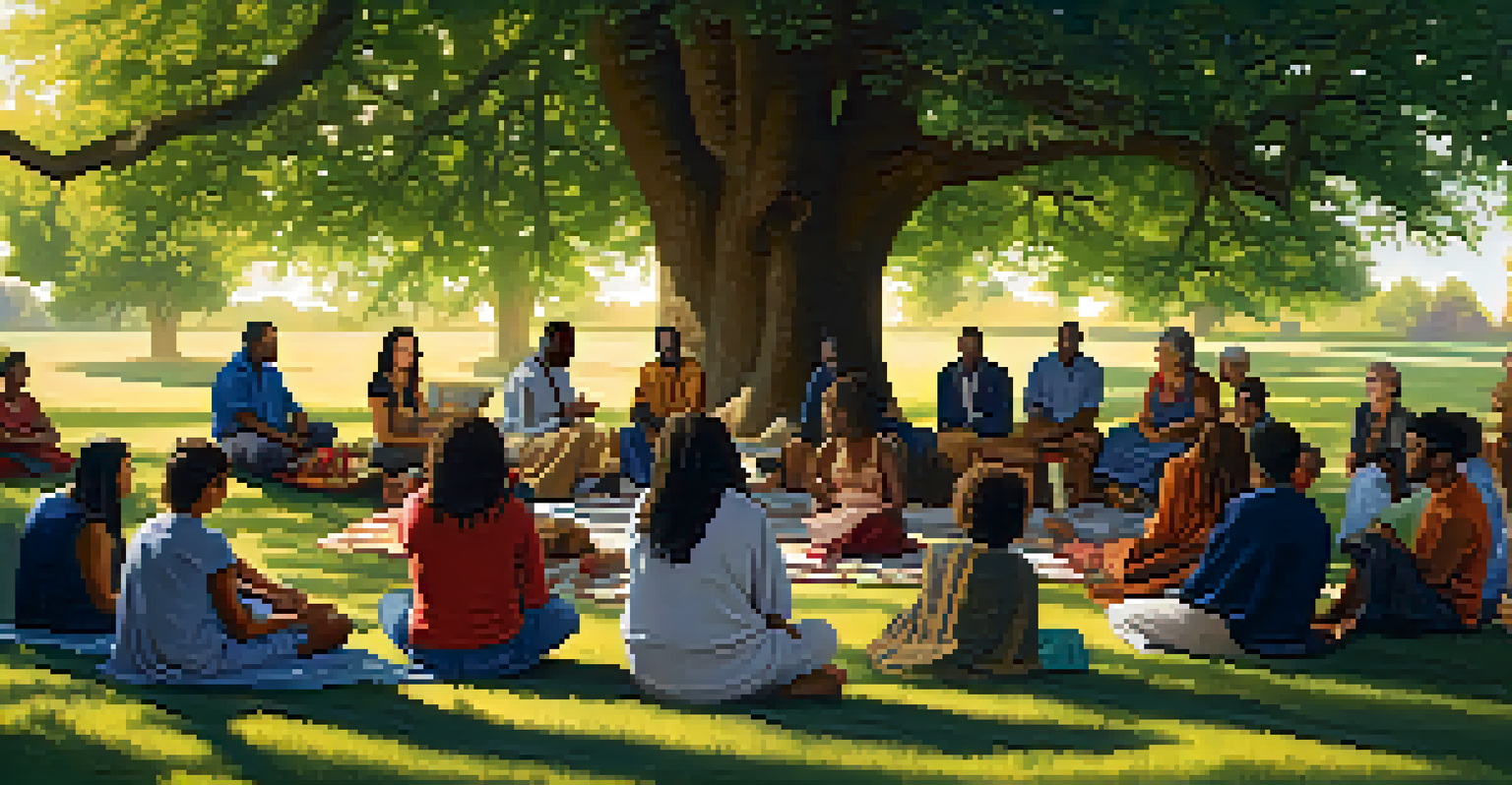 A community gathering in a park with people sitting in a circle under a tree, discussing spirituality.
