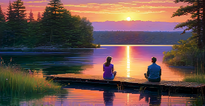 A couple sitting on a dock by a lake during a colorful sunset, with reflections in the water and trees around them.