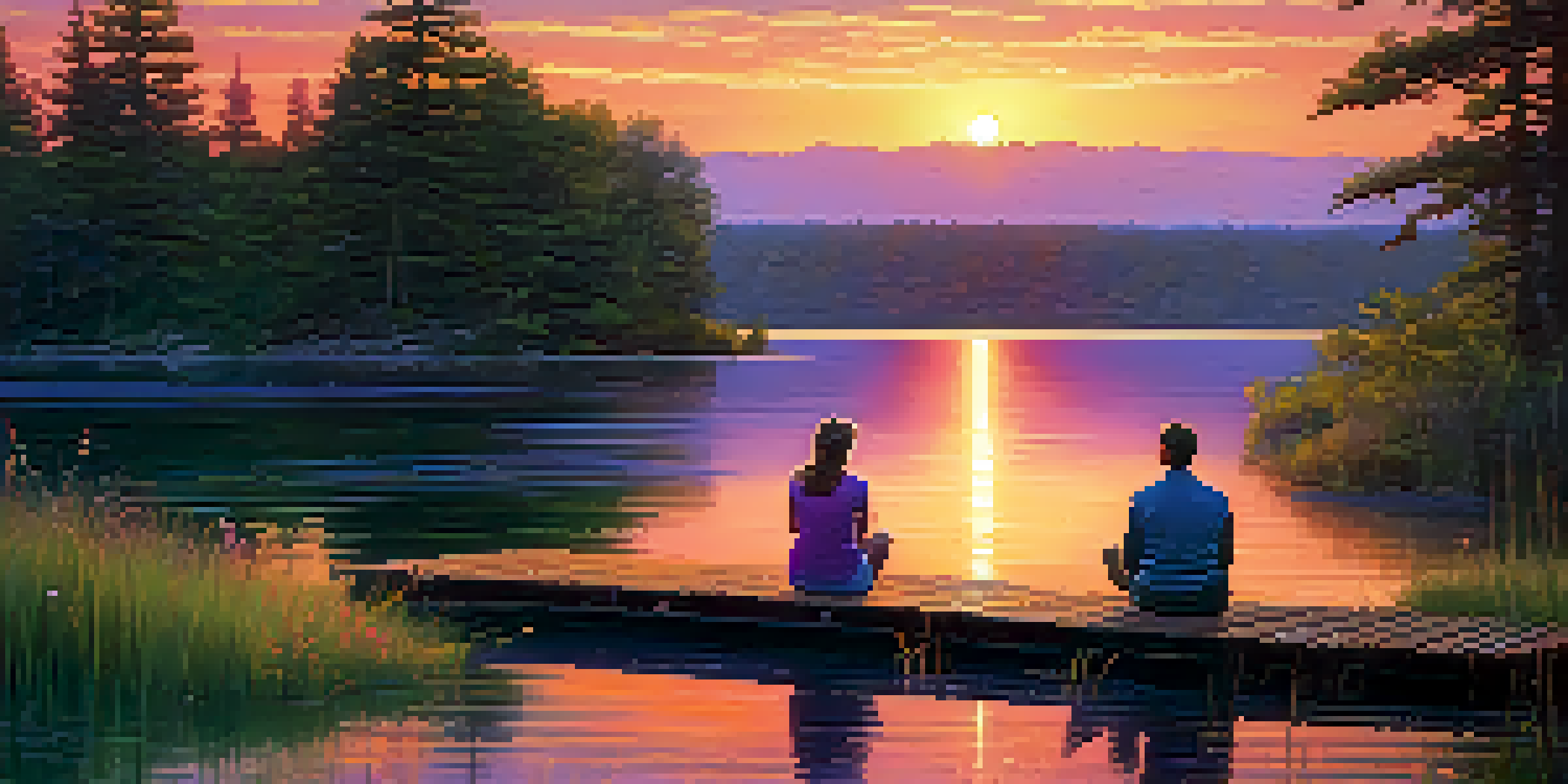 A couple sitting on a dock by a lake during a colorful sunset, with reflections in the water and trees around them.
