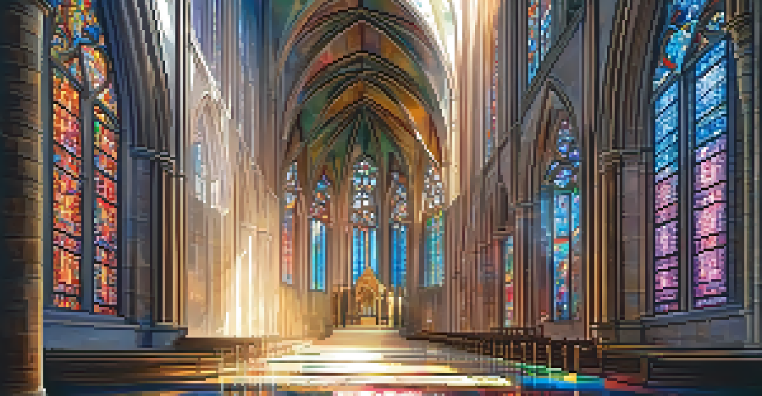 A grand cathedral with stained glass windows casting colorful light on the stone floor.
