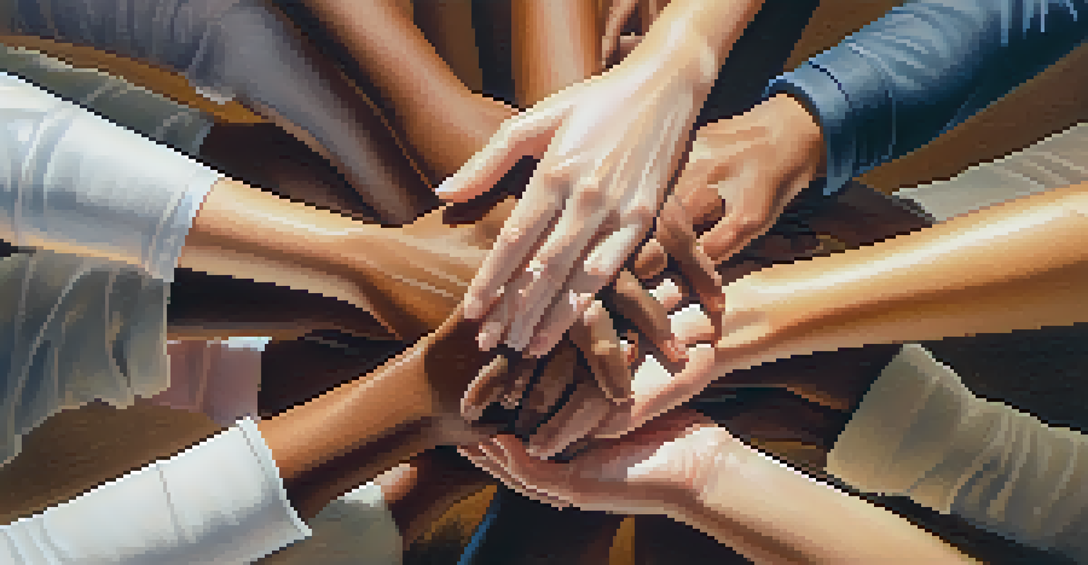 A close-up view of diverse hands resting on top of each other, symbolizing unity and solidarity.