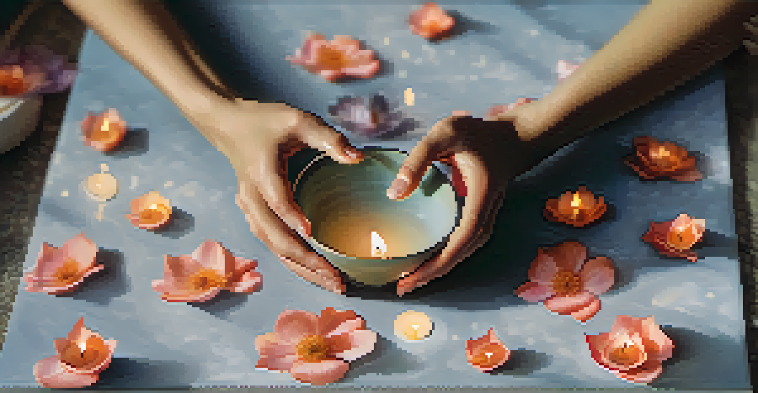 Close-up of hands in a mindful gesture on a yoga mat, with a candle and flower petals in the background.
