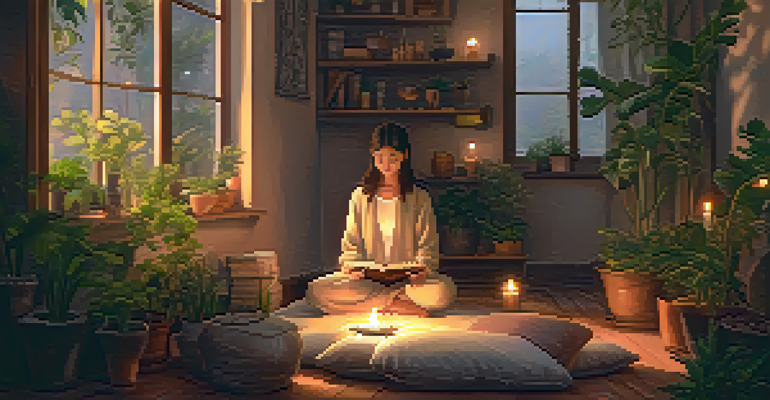 A person practicing loving-kindness meditation in a cozy indoor setting with plants and candles.