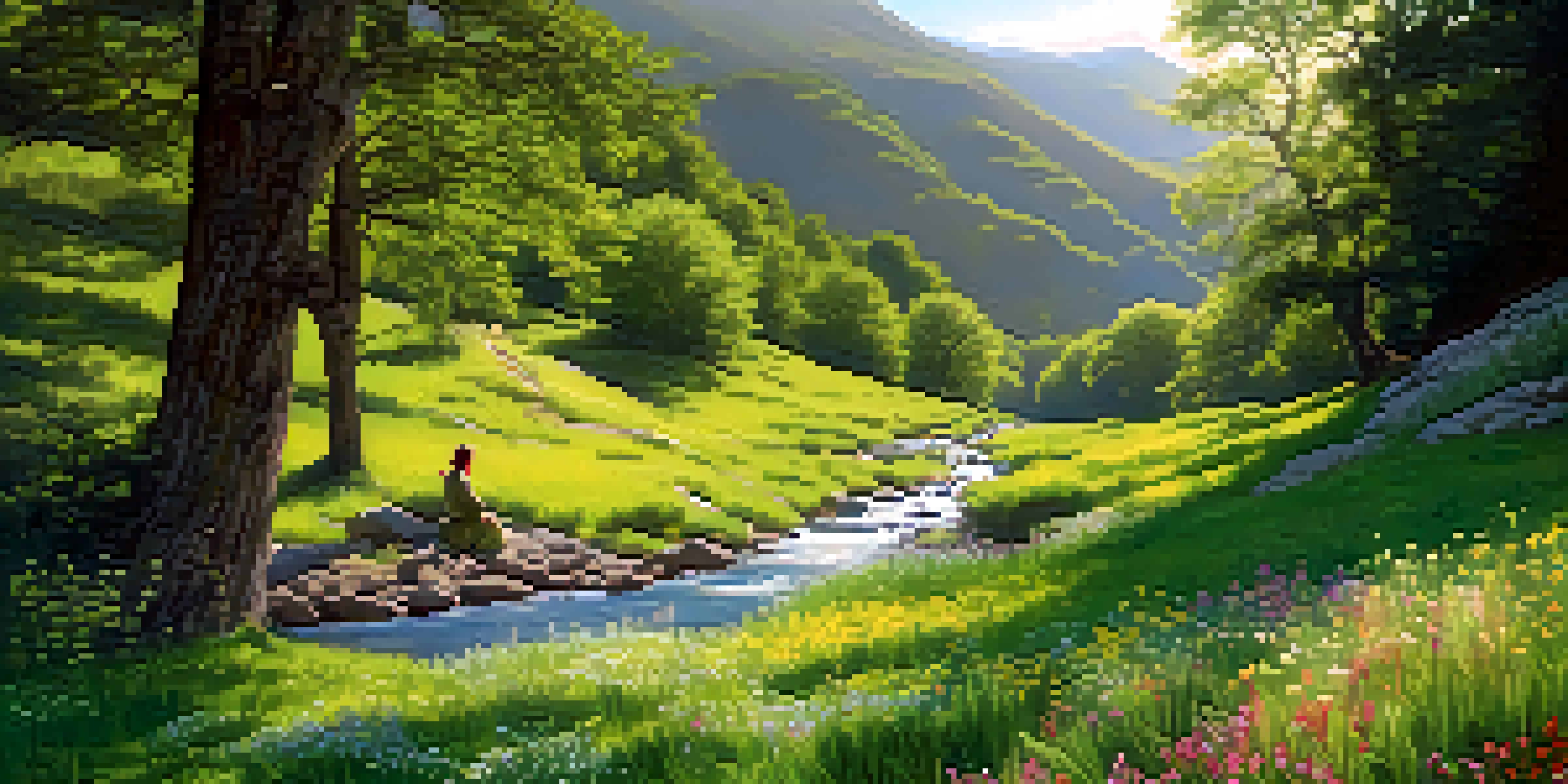 A person meditating on a rock in a lush green valley with a flowing river and blooming wildflowers.