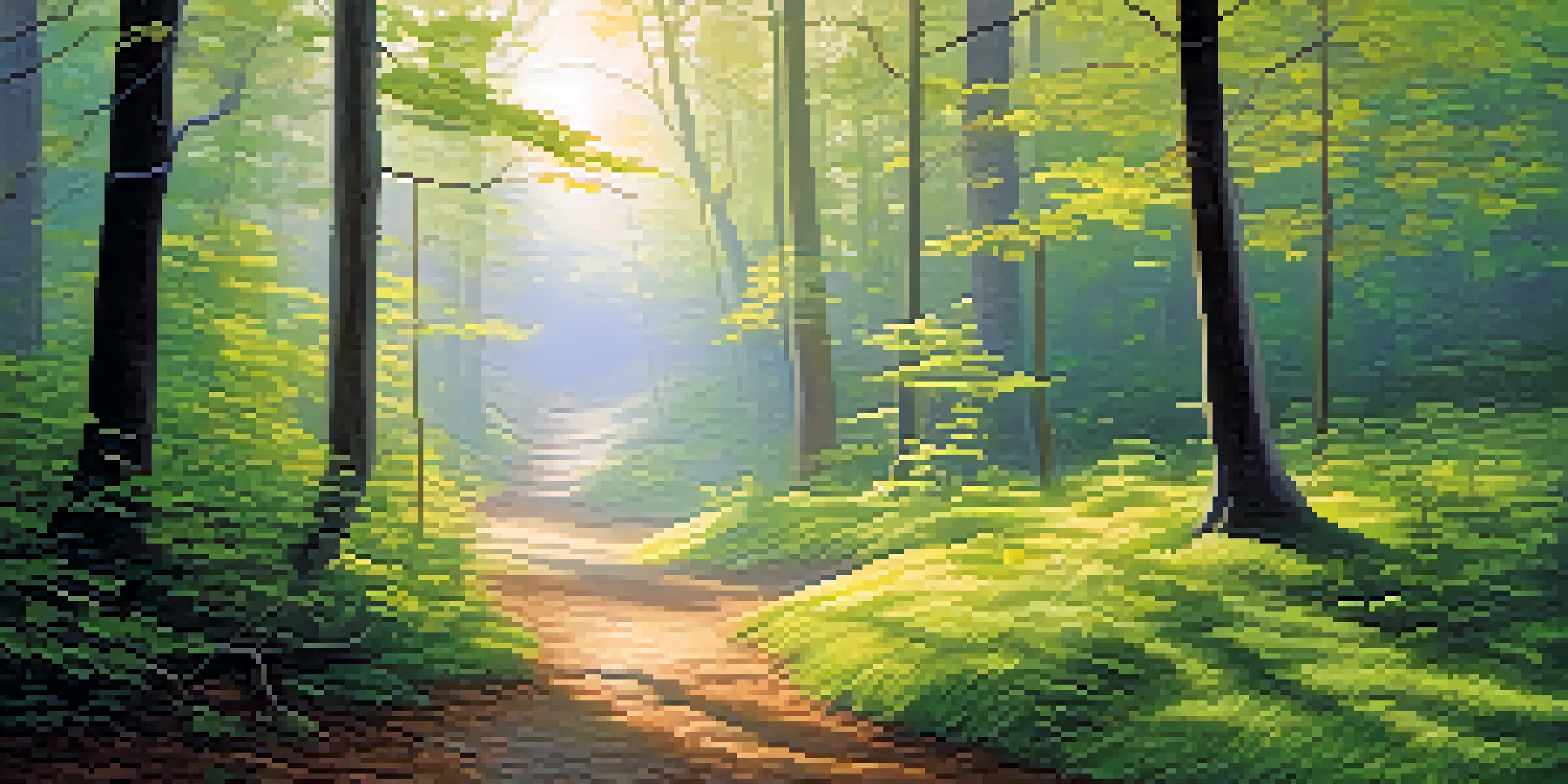 A tranquil forest scene at dawn with soft golden light filtering through the trees, a winding path, and vibrant green leaves.