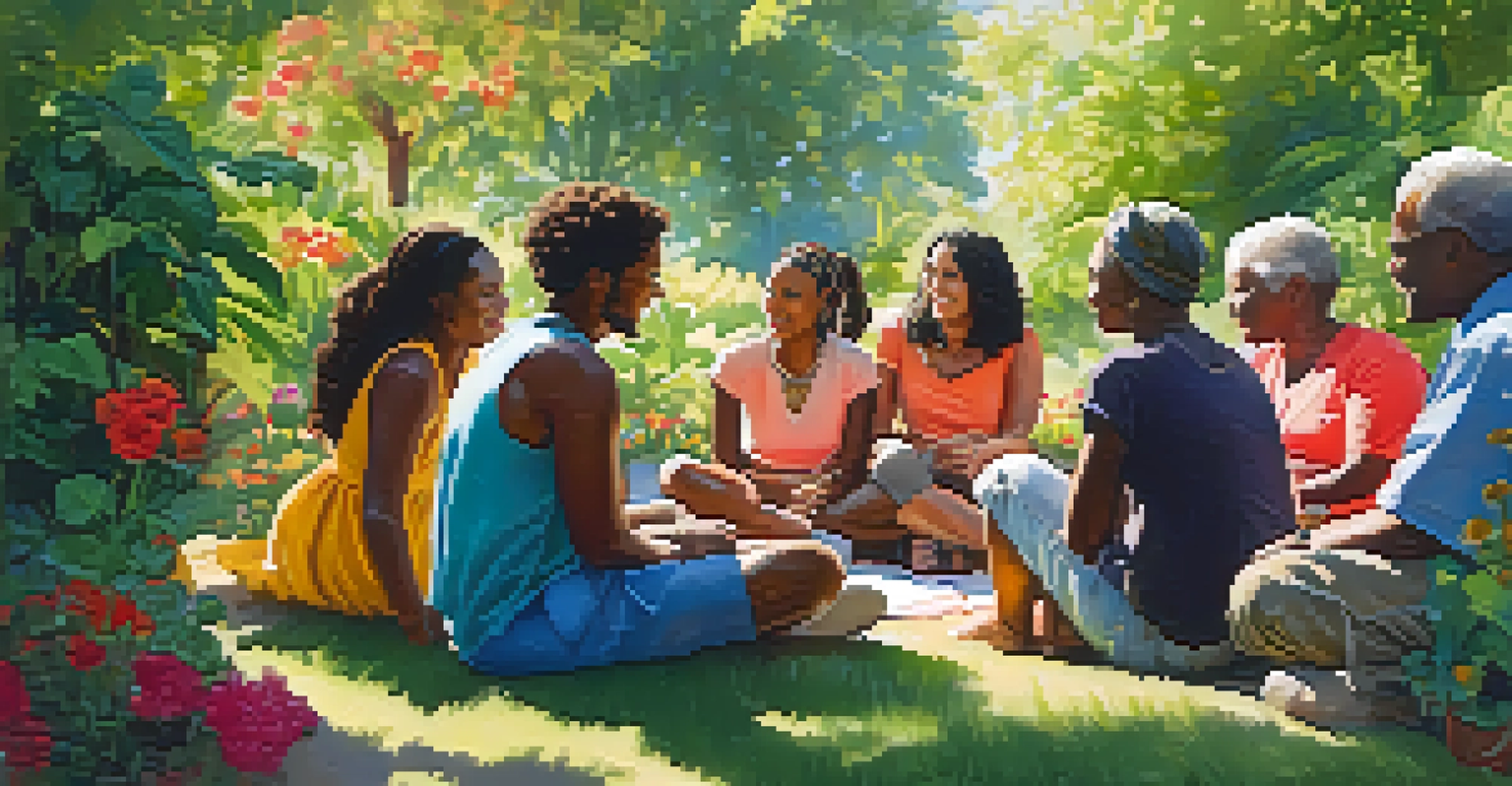 A diverse group of individuals in a circle in a garden, sharing and discussing their spiritual journeys.